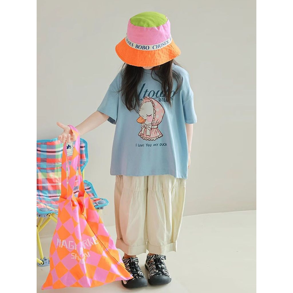 Macacão de verão na moda camisa impressa moda cisne 2026 damasco t azul estilo infantil20242026Novas meninas casuais bac