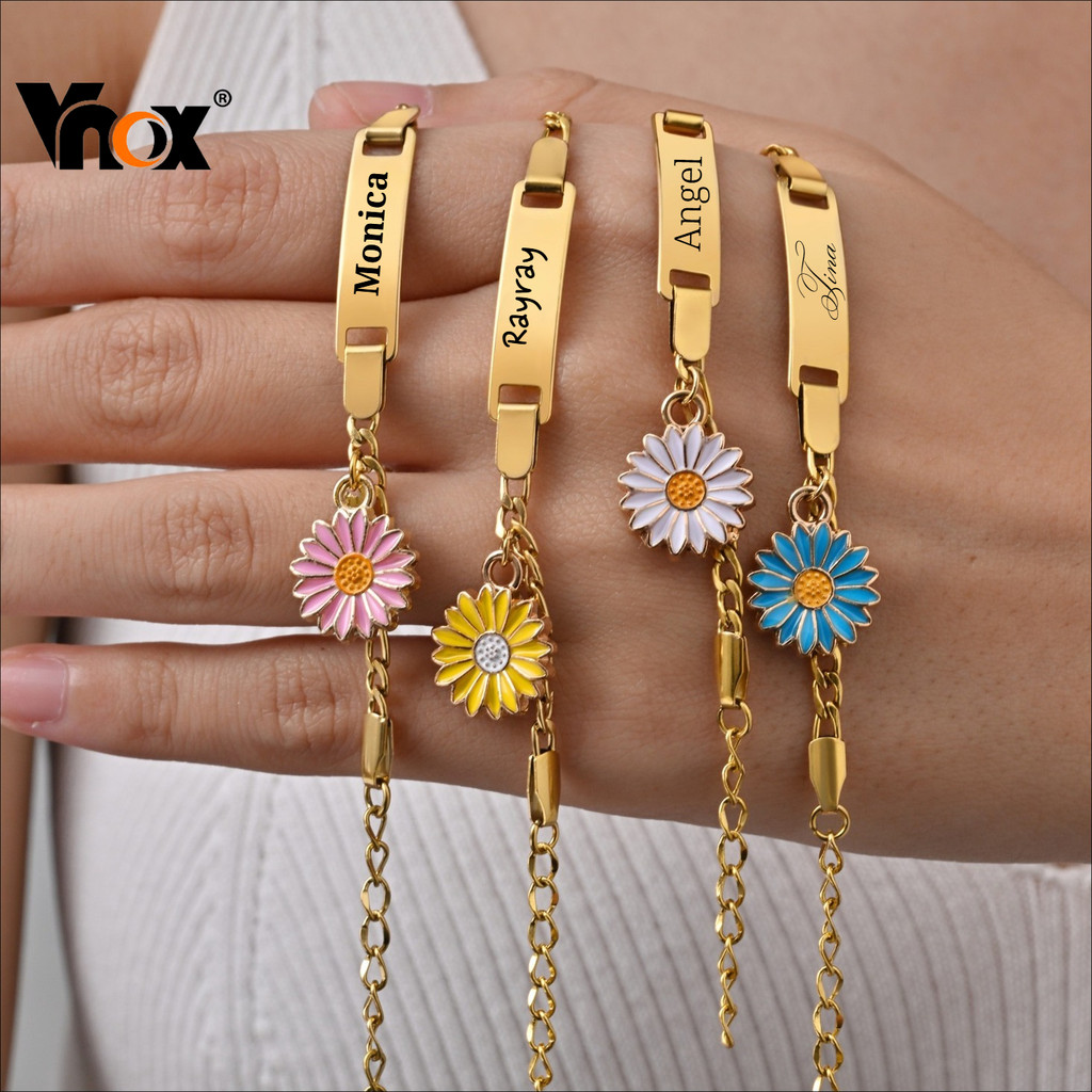 Pulseira De Identificação De Flor Personalizada Banhada A Ouro 18K Vnox – Barra De Nome Gravada Para Crianças , Presente