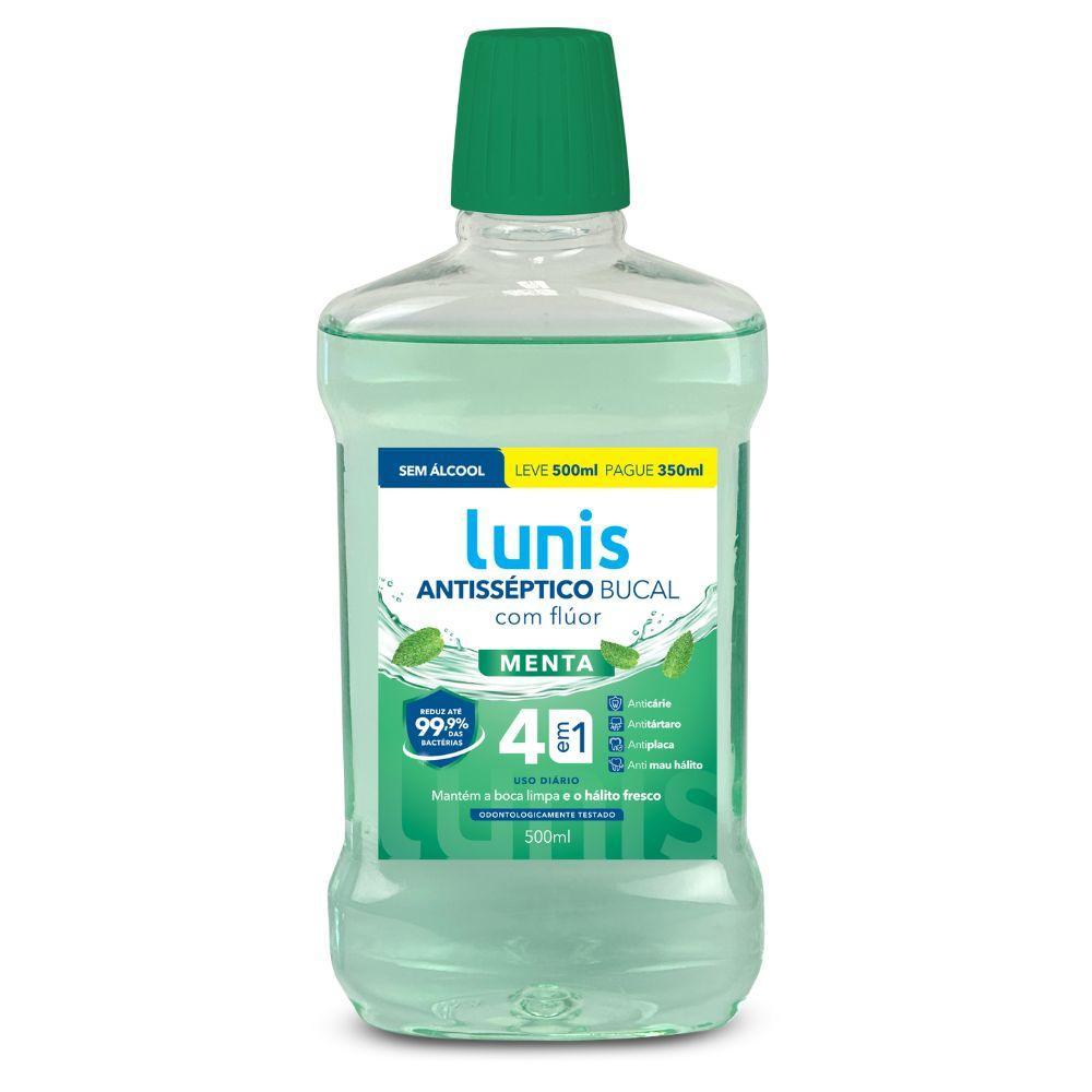 ENXAGUANTE BUCAL LUNIS MENTA SEM ALCOOL LEVE 500ML PAGUE 350ML