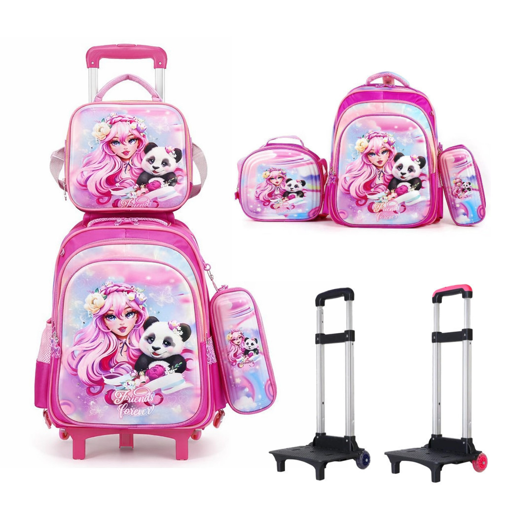 Mochila Escolar De Rodinha Infantil Menina Kit Completo 3 Pcs Carrinho Alça Costas Reforçada
