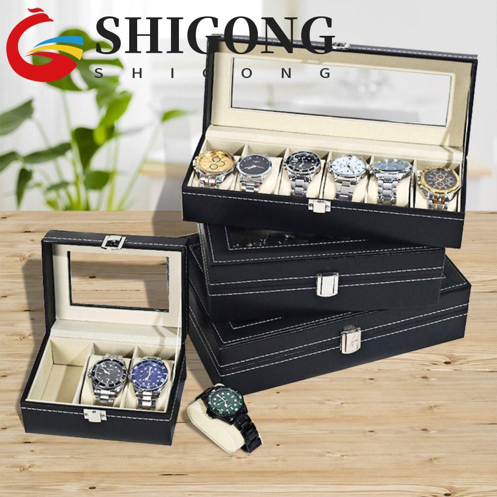 Caixa De Armazenamento De Relógio SHIGONG , Joias De Couro Com Fechadura , Tampa De Vidro Grande Organizador À Prova D'á