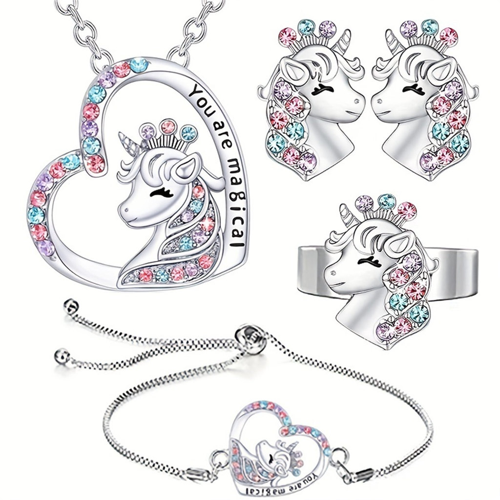 Meninas Sorte Unicórnio Colar Pulseira Anel Brincos Para Crianças Arco-Íris Jóias Aniversário De Volta Às Aulas Presente