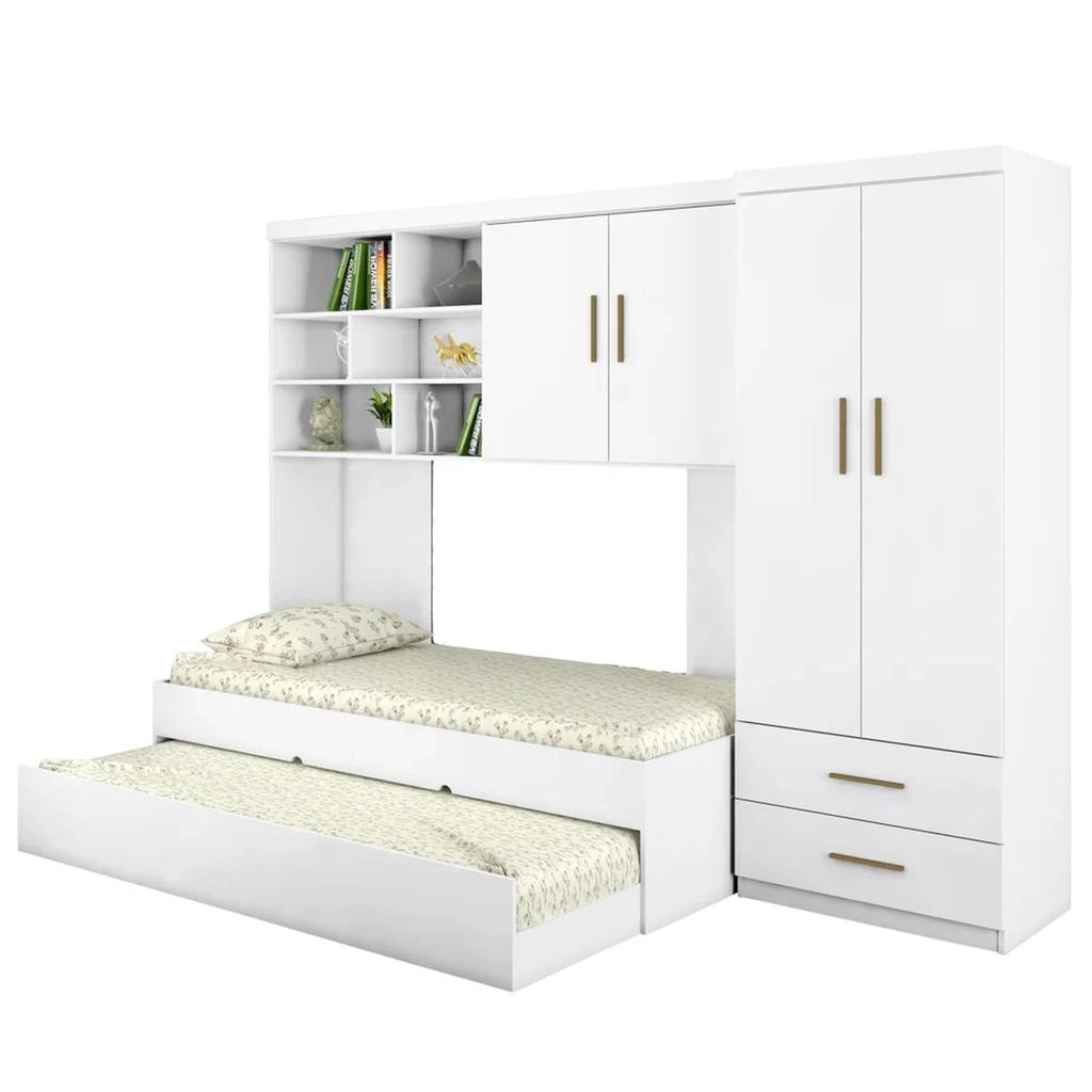 Quarto Infantil Chiara Guarda Roupa e Aéreo 2 Portas com Cama e Auxiliar Branco - Phoenix