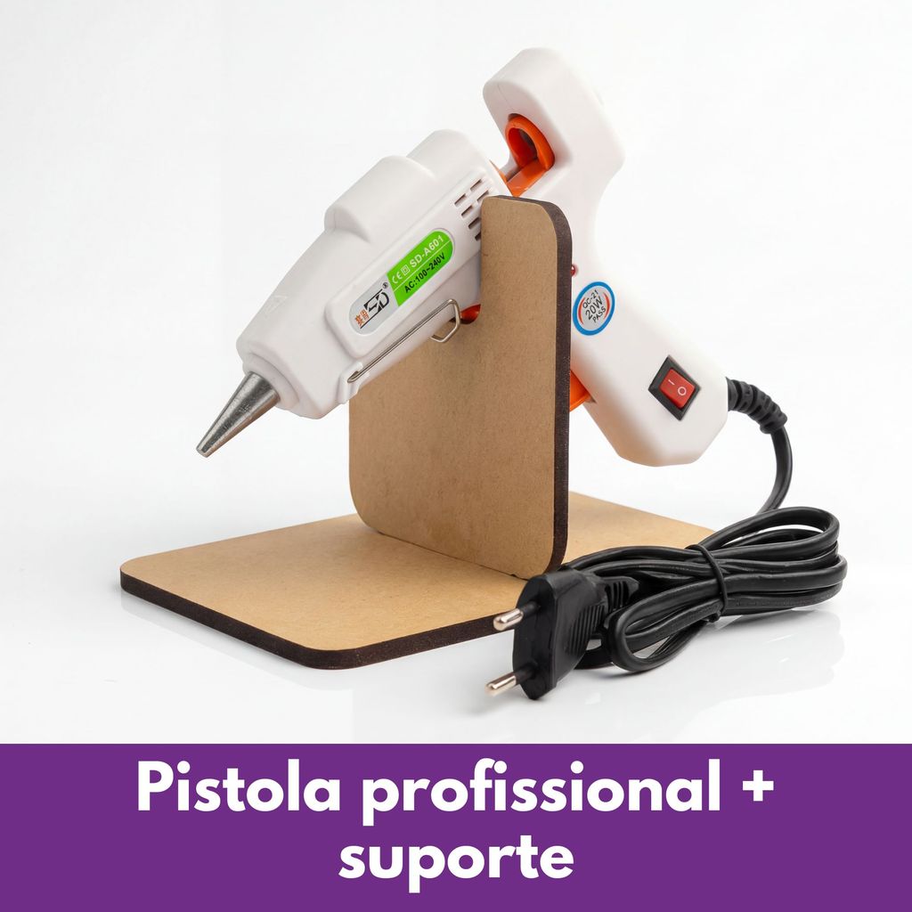 Pistola de Cola Bivolt 5 a 20 Tubos + SUPORTE Botão Liga Desliga, Bico FIno Chinesinha Branca Top