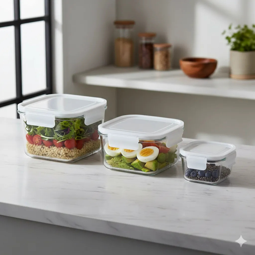 Kit 3 Potes Herméticos Quadrados Organizadores Cozinha Vedação Plástico Atóxico Empilhável Alimentos Transparente