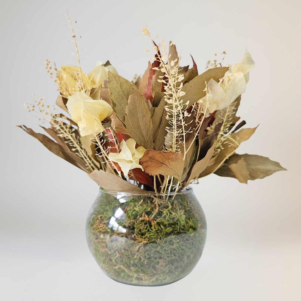 Arranjo de Flores Secas Naturais em Vaso de Vidro Esférico – Orbe Terracota Gardenzy em Oferta na Shopee