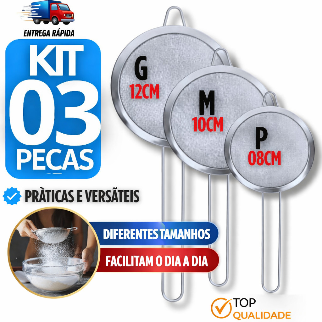 Combo 3 Peneiras Coador de Aço Inox 8cm 10cm 12cm para Cozinha Casa Restaurante Óleo Farinha Multiuso Utilidades