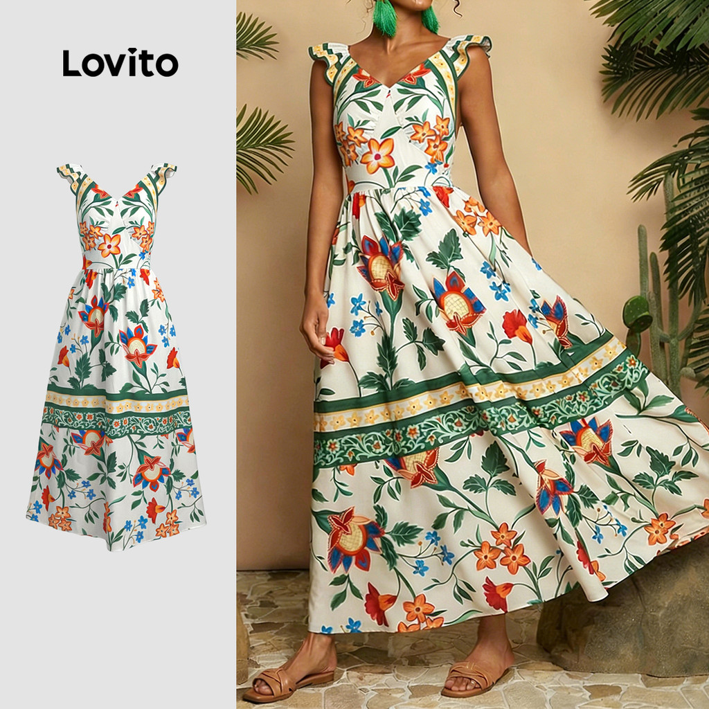 Lovito Vestido Boho com babados vestido primavera/verão para mulheres LK3LD397 em Oferta na Shopee