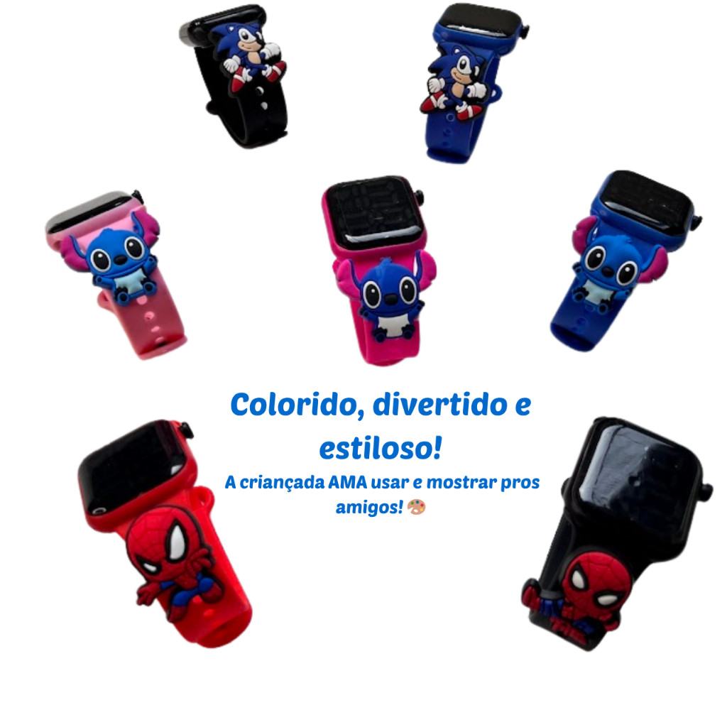 Relógio Digital Infantil Homem Aranha Stitch Sonic Capitao America Menino Menina
