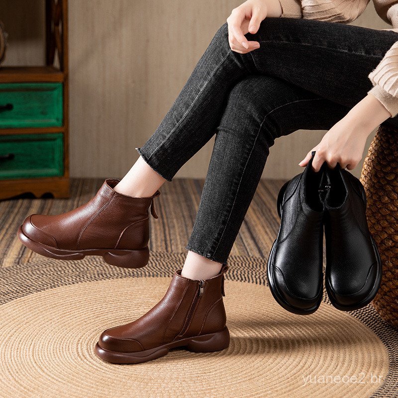 Botas de Cano Curto Femininas em Couro Genuíno, Novo Estilo de Inverno 2026, Forradas com Lã, Quentes, Sapatos de Algodã