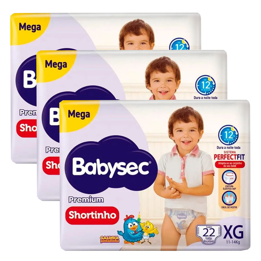 Kit 3 Fraldas Descartável Babysec Shortinho Mega XG - 66 Tiras em Oferta na Shopee