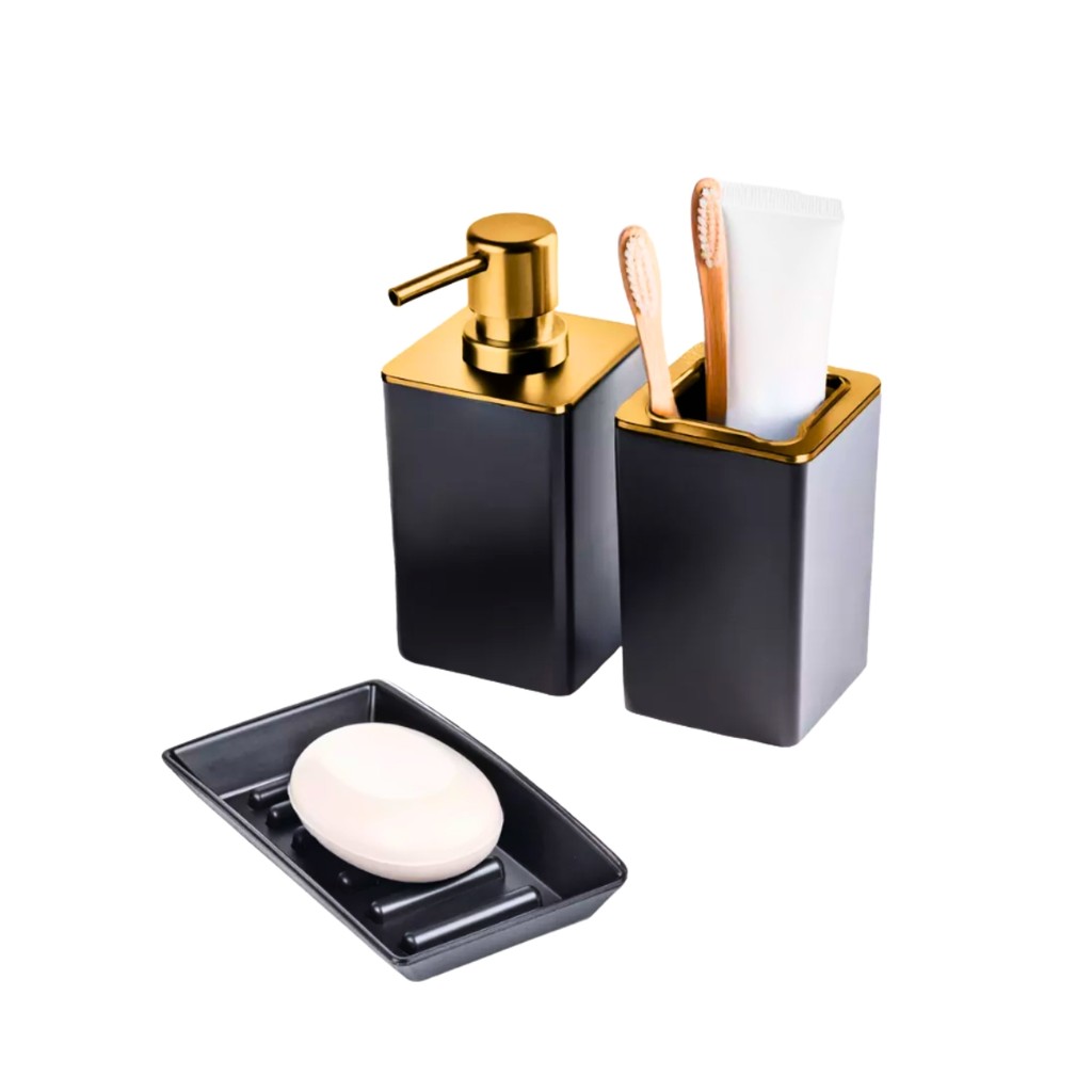 Kit Banheiro Lavabo 3 Peças Dispenser Sabonete Liquido Porta Escovas E Saboneteira Cor Preto Arthi