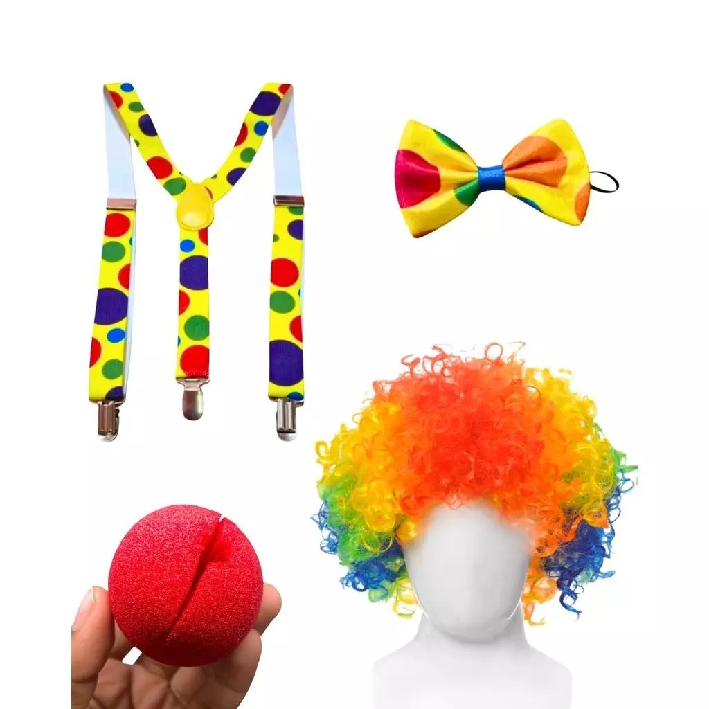 Kit Fantasia De Palhaço Adulto Infantil Suspensório Gravata E Nariz++ peruca  colorido em Oferta na Shopee