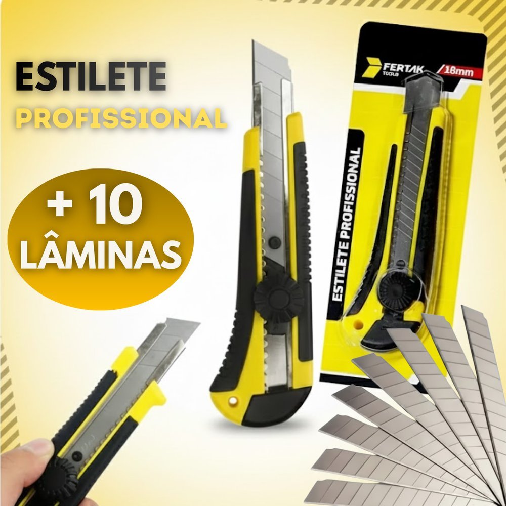 Kit Estilete Profissonal Fertak + 10 lâminas Emborrachado Com Trava Alta Precisão