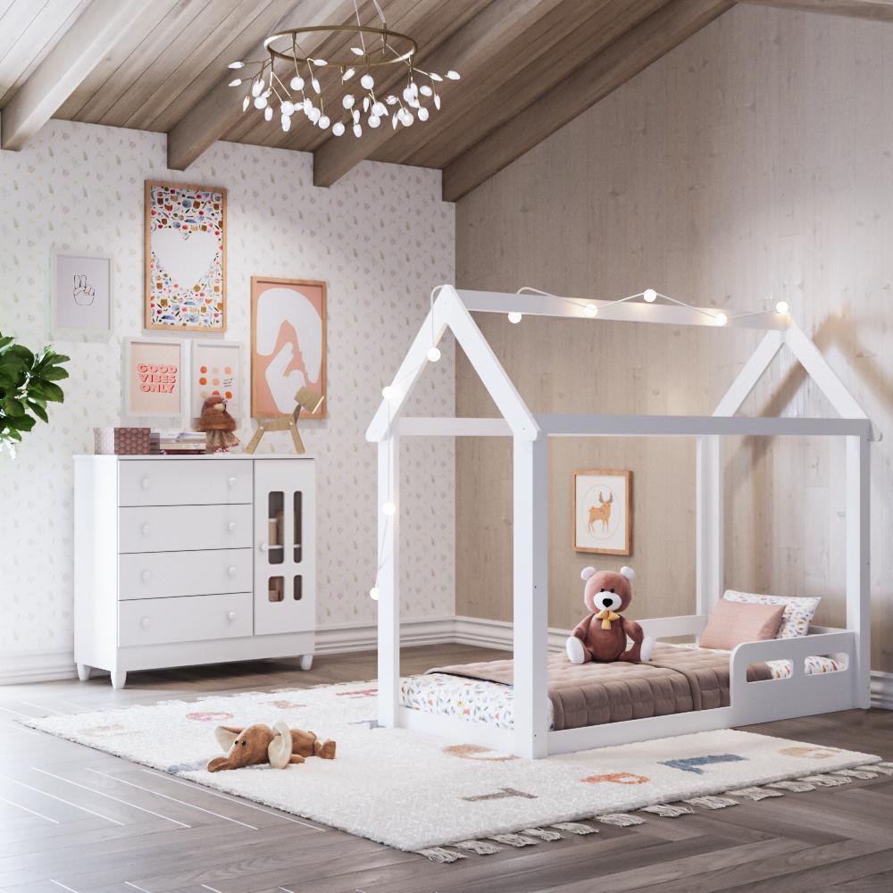 Quarto Bebê Montessoriano Analu Cama Casinha Cômoda 4 Gavetas 1 Porta Ariel 100% MDF