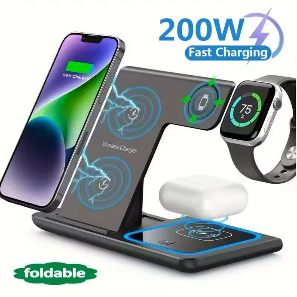 200W 3 Em 1 Carregador Sem Fio Suporte Almofada Dobrável Estação De Carregamento Rápido Doca Para IPhone 16 15 14 13 12