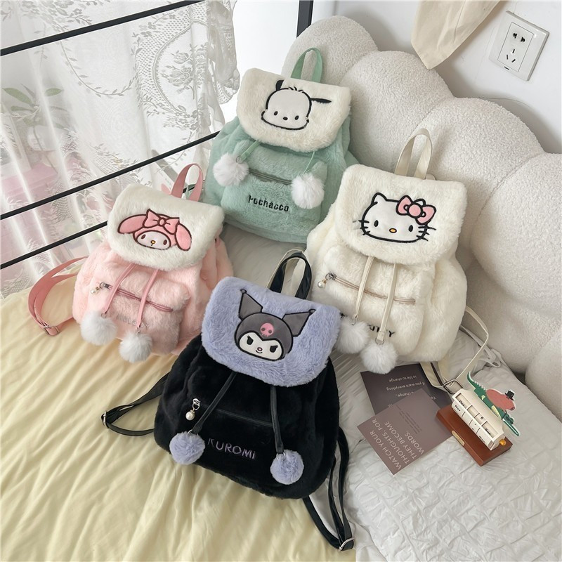2024 Sanrio Hello Kitty Black Melody Mochila de pelúcia Kawaii Bolsa escolar Bolsa de ombro Moda feminina