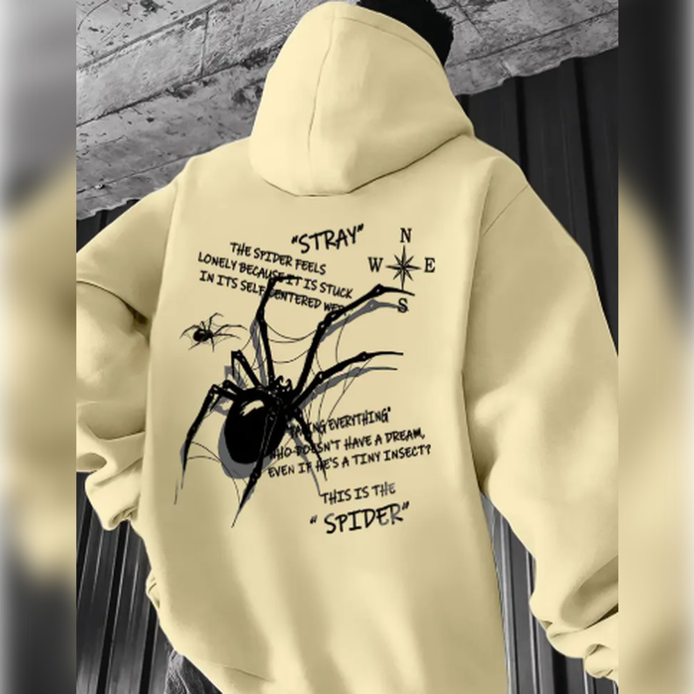 Moletom Casual Masculino com Capuz, Estampa de Aranha e Texto Humorístico, Bolsos Frontai