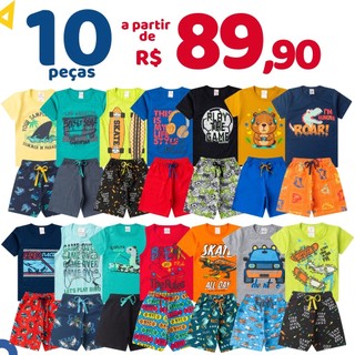 Kit 10 Peças Roupa Infantil Menino Verão 5 Bermudas + 5 Camisetas Conjunto Criança Mascul…