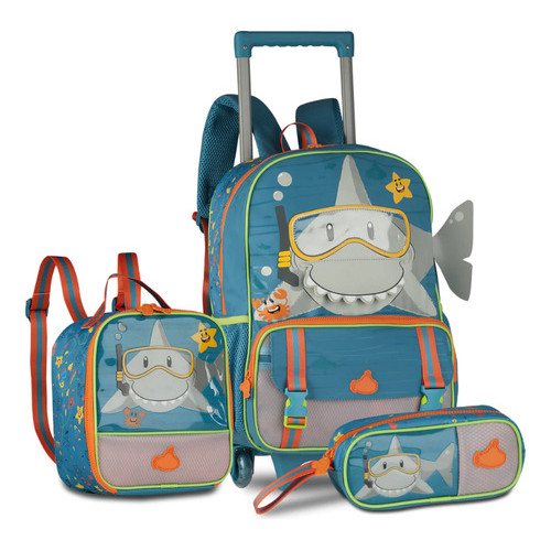 Kit Mochila de Rodinhas Tubarão Infantil Clio Azul – Lancheira + Estojo Escolar