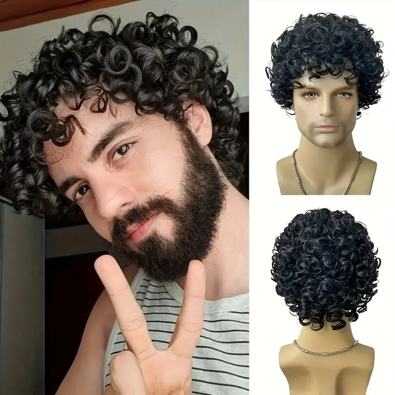 Fibra química cabelo curto encaracolado masculino novo produto peruca de seda de alta temperatura preto africano chapela