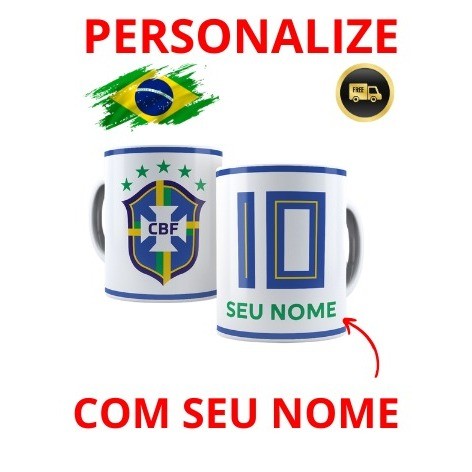 Caneca Seleção Brasileira Personalizada com Nome e Número 10 – Porcelana 325ml Presente Top