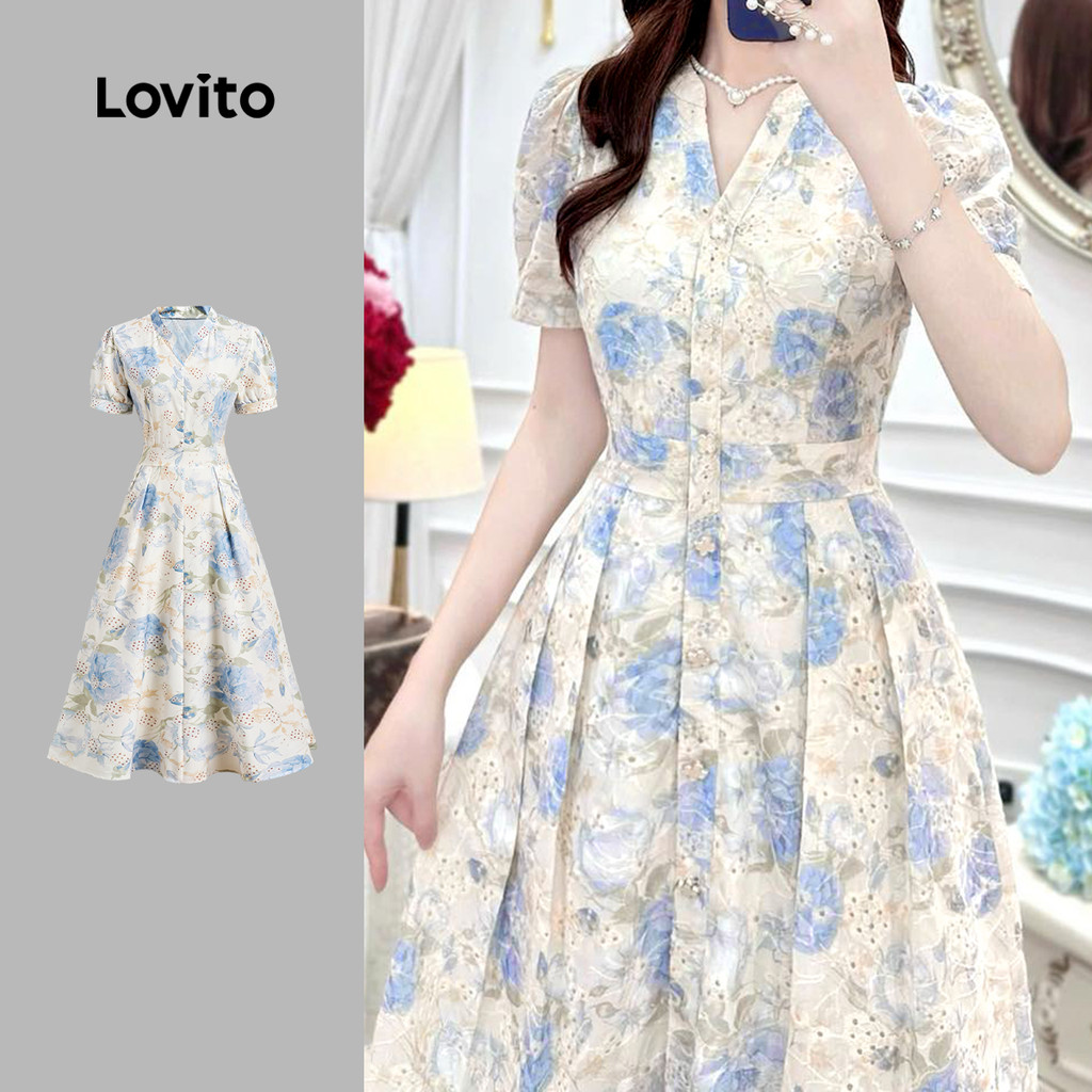 Lovito  Vestido Elegante Plissado com Flores para Mulheres - Comuta Primavera/Verão L172ED1620 em Oferta na Shopee