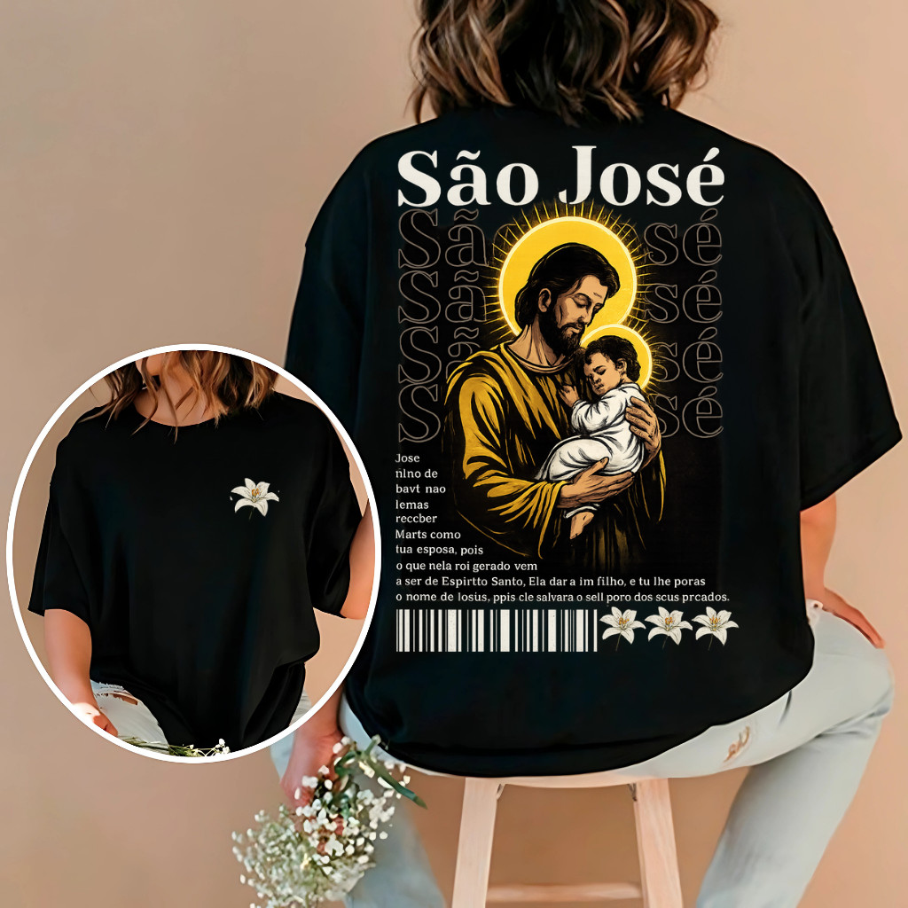 Camiseta Moda Cristã São José com Menino Jesus Religiosa Católica Unissex Camisa 100% Algodão