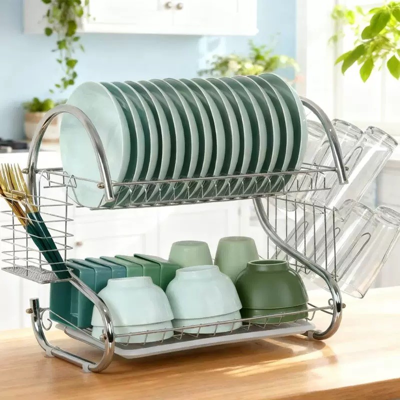 Kit Escorredor de Louça 2 Andares Cesto Talheres e Suporte Copos Inox Durável