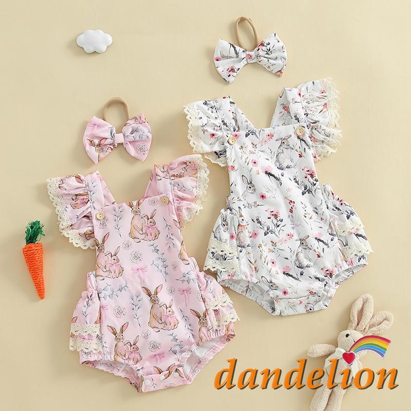 Roupa de Páscoa para Bebê Menina | Body com Estampa de Flor e Coelho, Renda e Manga Voadora + Faixa de Cabelo de Laço