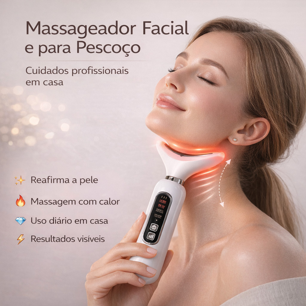 Massageador Elétrico Facial e Pescoço – Vibração, Luz LED e Anti-Rugas em Oferta na Shopee