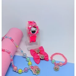 Kit Relógio Infantil Menina Digital Led Pisca Musical Princesas Disney + Conjunto Colar Pulseira 2 Presilha de Cabelo 3D