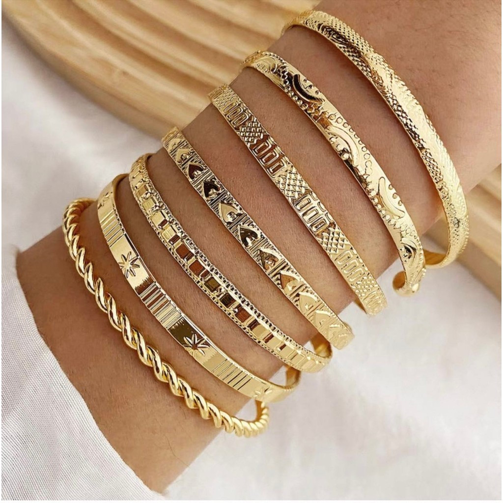 Conjunto de 7 pulseiras punk estilo vintage geométrico irregular pulseira de ferro com diamantes e torção suave