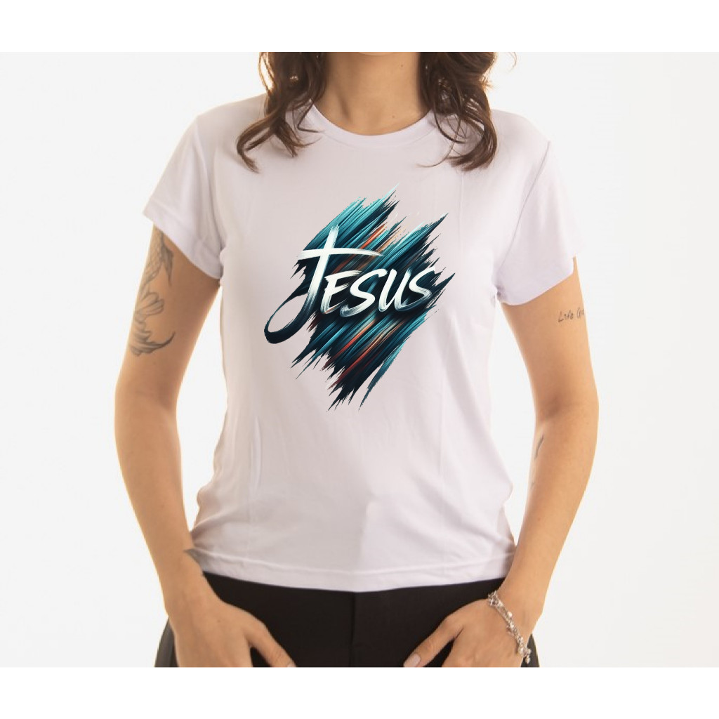 Camiseta Feminina T Shirt Estampa Cristã Jesus 100% Algodão Gola Redonda Super Confortavel