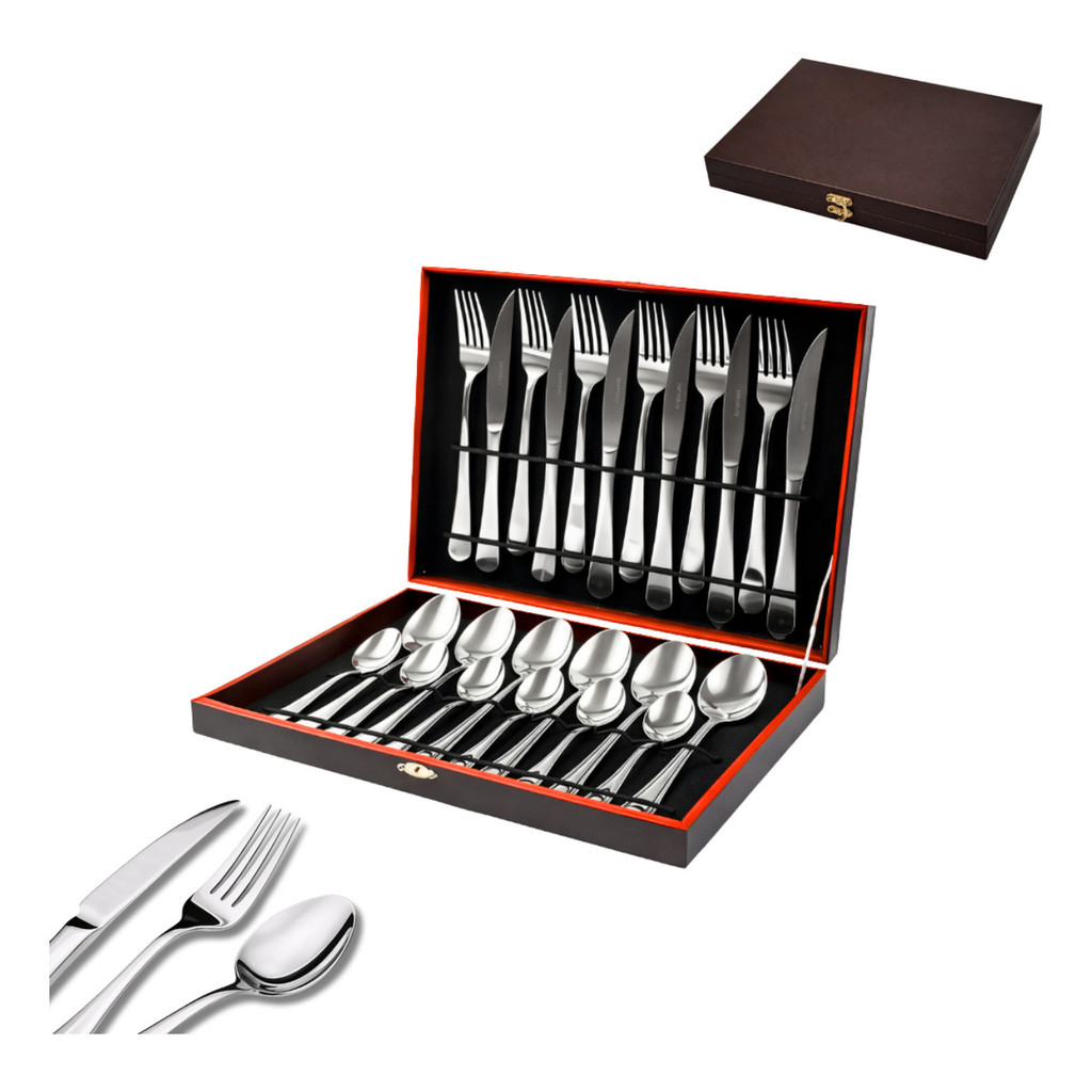 Faqueiro Inox Premium 24 Peças com Maleta de Madeira para Mesa e Decoração em Oferta na Shopee