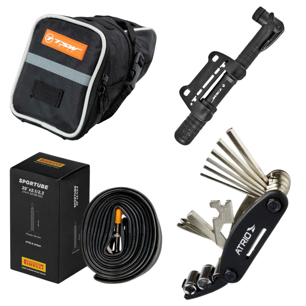 Kit Ciclismo Câmara de Ar Aro 29 + Bomba de Ar de Mão TSW + Canivete 15 Funções + Bolsa de Selim TSW