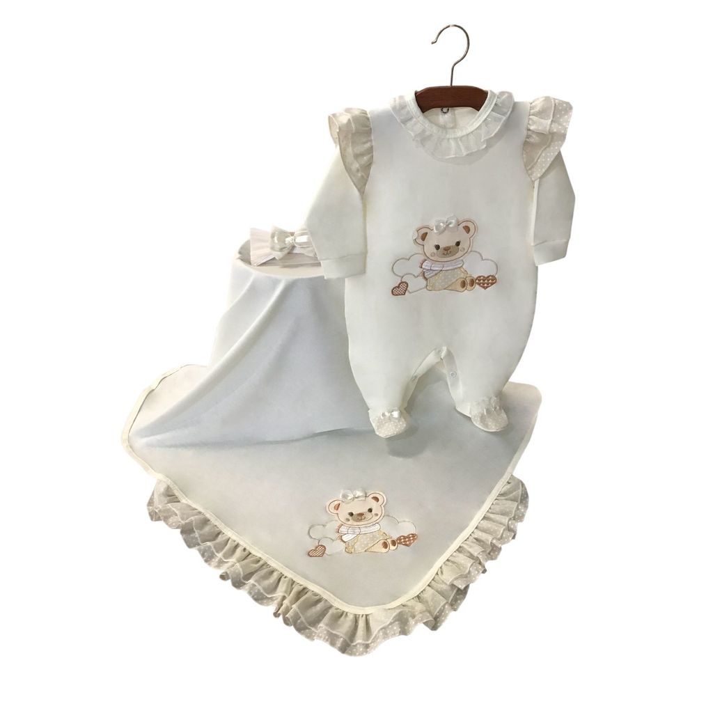Saída de Maternidade Bordado Ursinha Babados de Organza e Poá / Saída de Maternidade OFF WHITE com Tiara em Laço