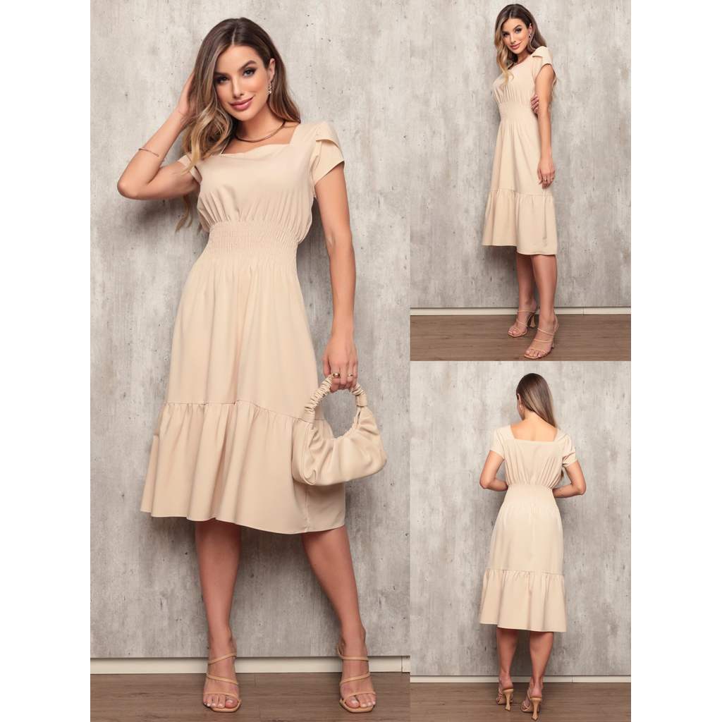 Vestido Leve Em Crepinho Feminino Com Cintura Ajustável  Visual Delicado E Fresco Para Passeios Ou Fim De Semana