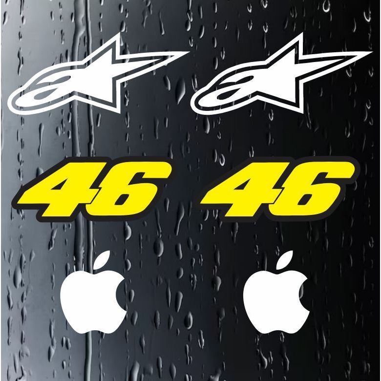 Kit com 6x adesivos para carro e moto ( 2x Alpine Stars + 2x 46 VR Valentino Rossi + 2x Maçã Apple )