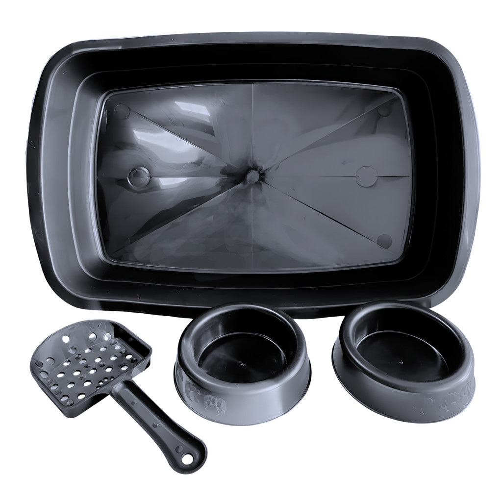 Kit Caixa de Areia para Gatos Comedouro Bebedouro Pá Bandeja Higiênica Sanitário Preto