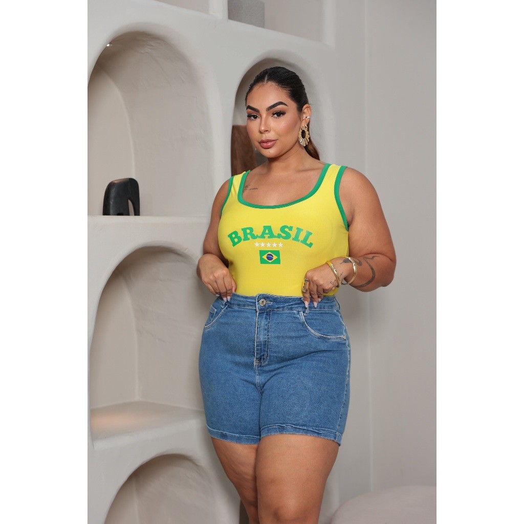Body Regata Maiô Feminino Estampa Brasil Plus Size – Ideal para Copa do Mundo