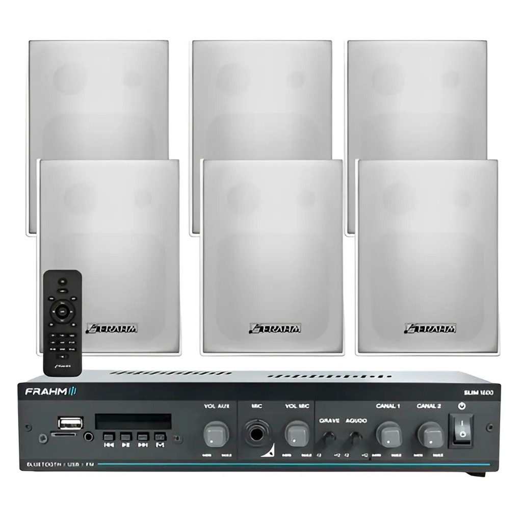 COMP Kit Amplificador Frahm SLIM 1600 G5 60W Bluetooth 5.0 + 4 Caixas PS 200 Branca Frahm