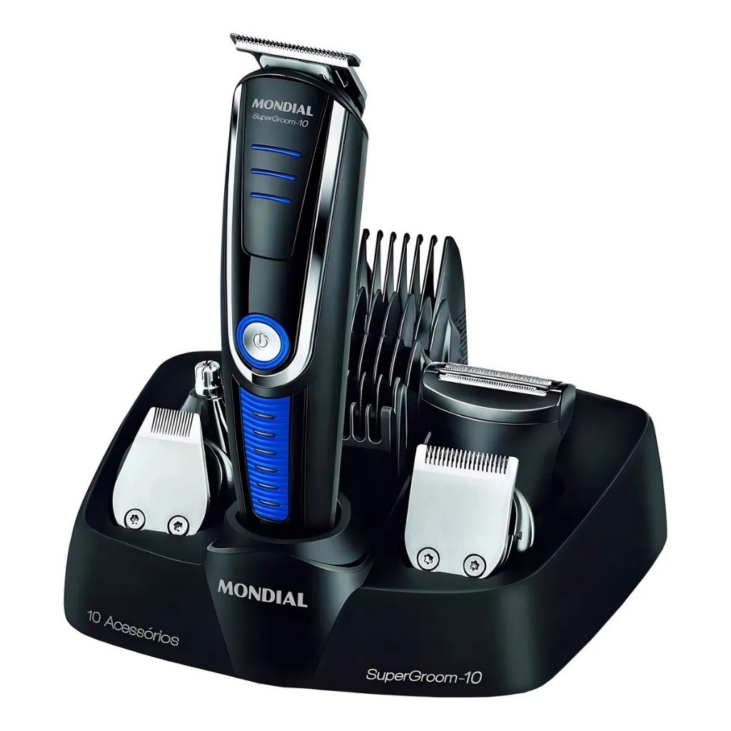 Aparador de Pelos Mondial Super Groom 10 em 1 BG-03 Sem Fio Lâmina Inox e Base Carregadora - Bivolt