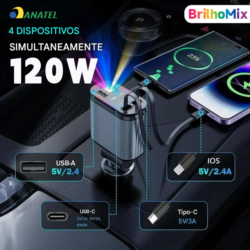 Carregador para Carro Ajustável 180° com Cabo Retrátil 4 em 1 Rápido e Luz LED iPhone Android