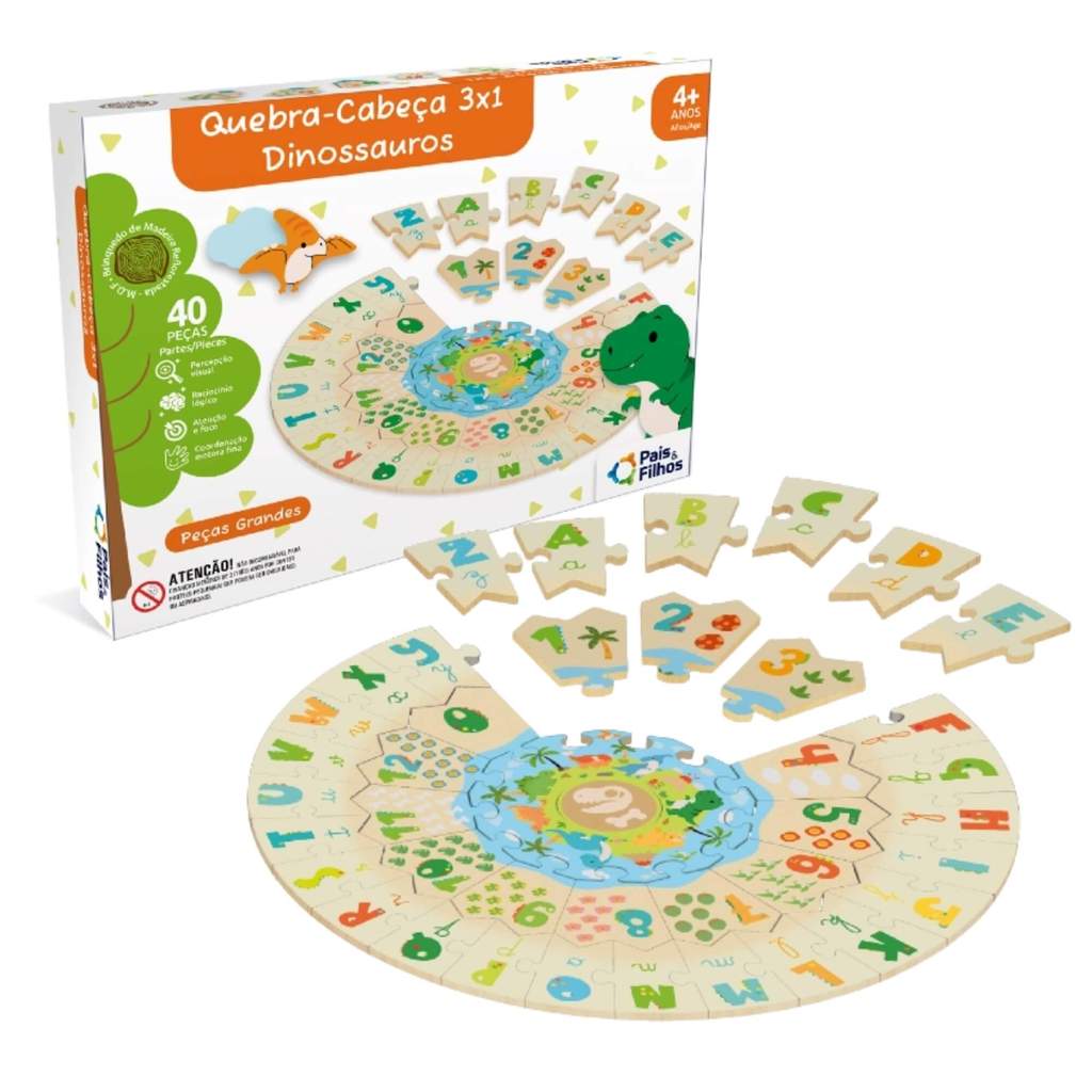 Brinquedo Infantil Quebra Cabeça 3X1 Dinossauros 40 Peças Pais e Filhos - 792951