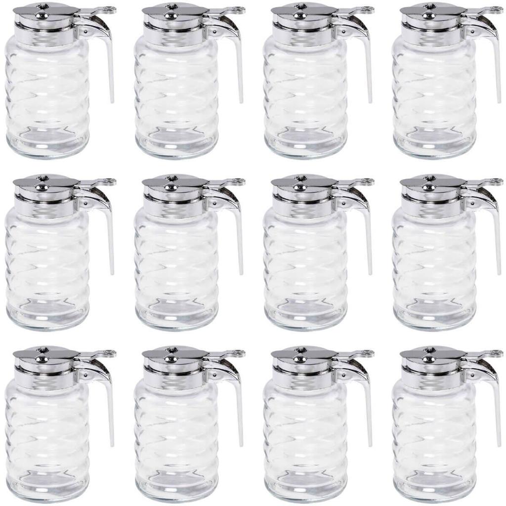 Kit 12 Meleiras de Vidro 6x12cm Pote Mel 150ml com Dosador Tampa Cromada Lyor