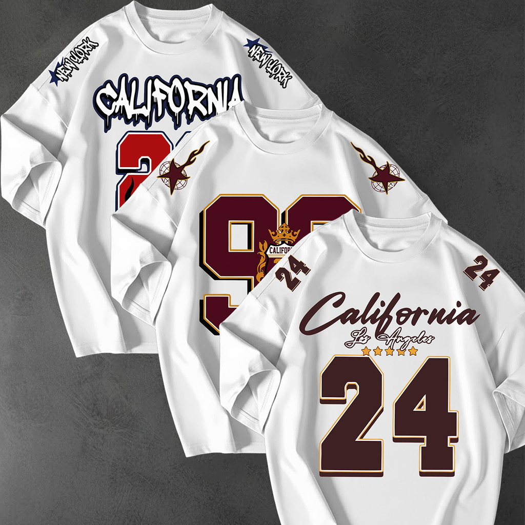 Kit 3 Camisetao Oversized Streetwear Estampa California New York LosAngeles 96 24 23 Unissex Algodao