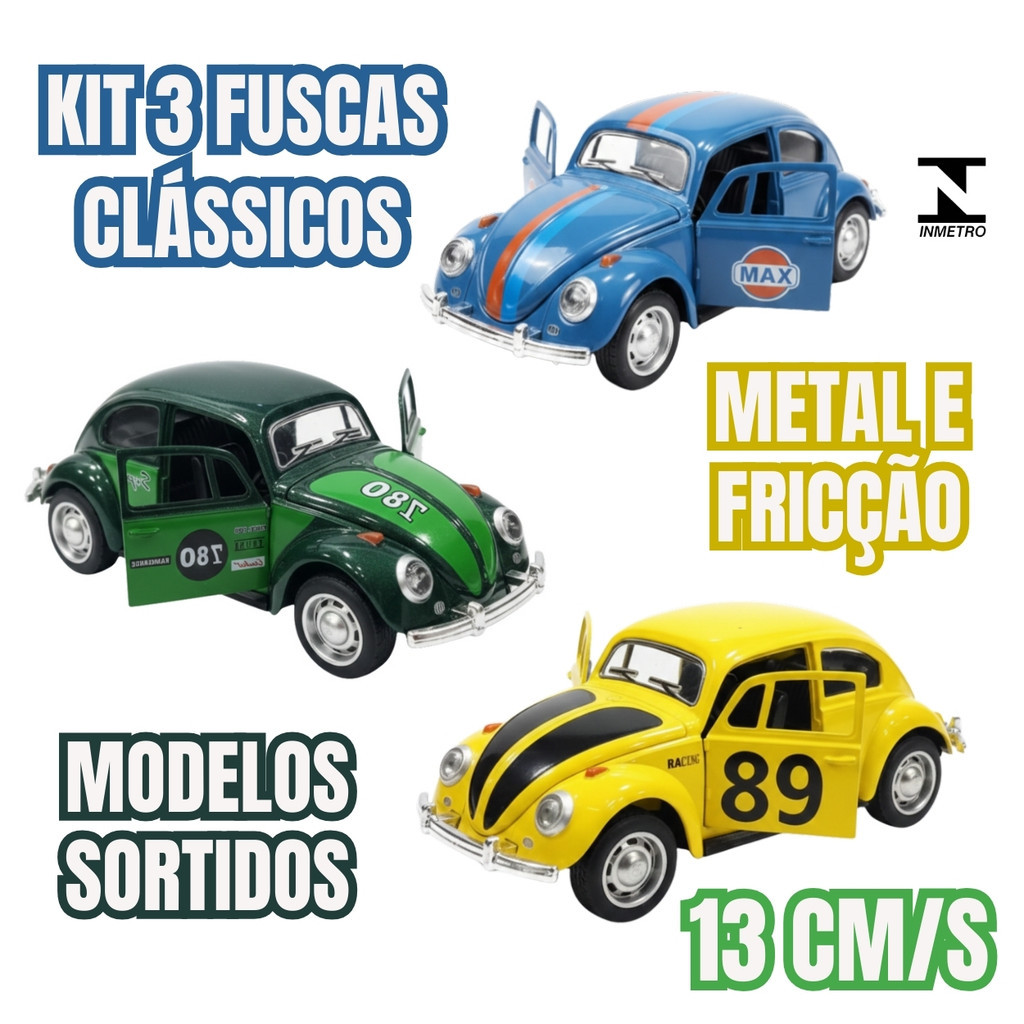 Kit 3 Fuscas Modelo 89, 780 e Max 13cm – Metal Die-Cast 780 / 89 / MAX – Fricção e Alta Qualidade