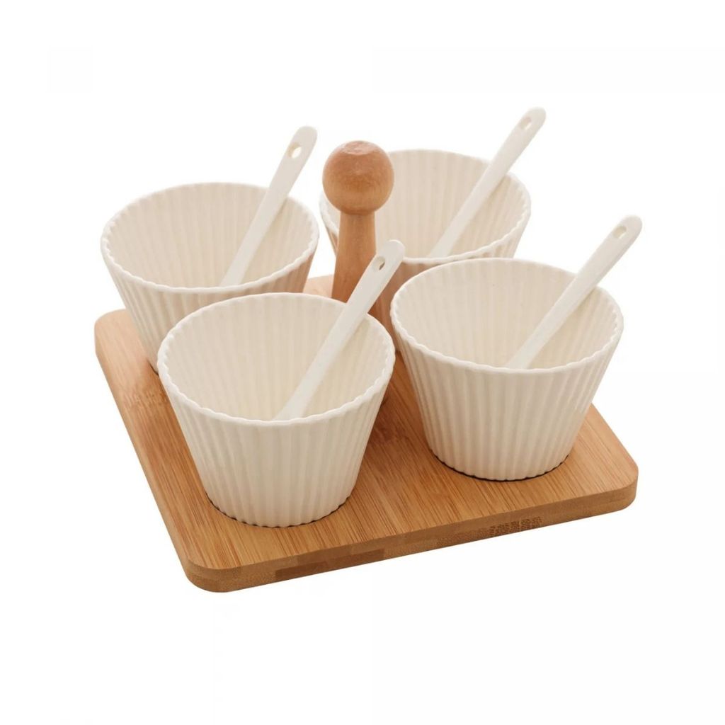 MOLHEIRAS 9 PEÇAS PORCELANA COM SUPORTE EM BAMBU 13CM WOLFF