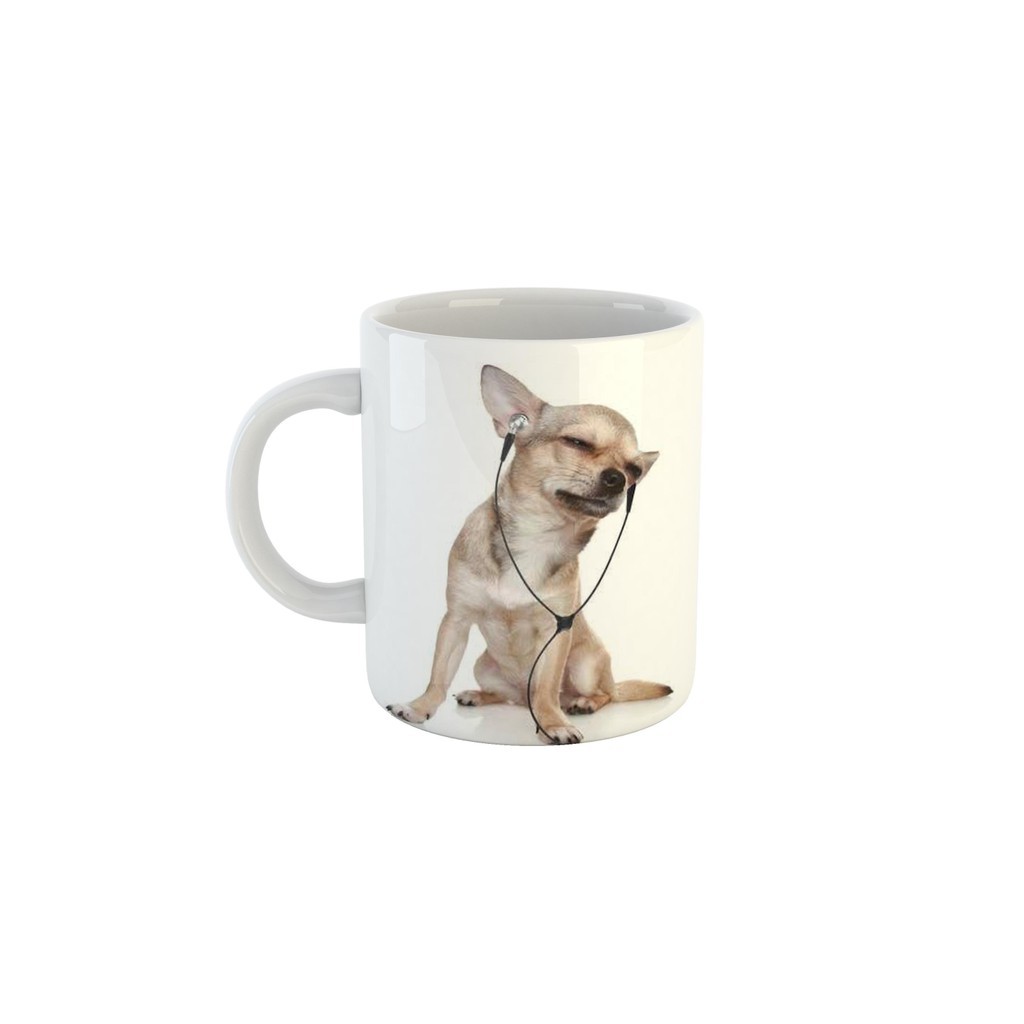 Caneca Meme montagem Doguinho ouvindo Música